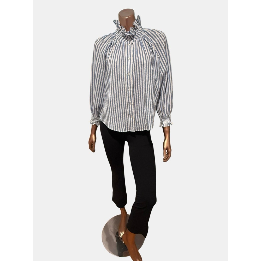 Veronica Beard Jeans Seersucker Pinstripe Preppy Coastal Chic Ruffle Shirt/S